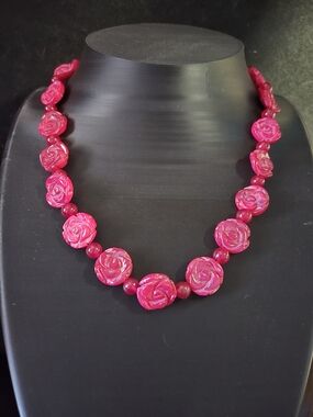 Artisan Indonesian Jade Pink Rose And Ruby Necklace